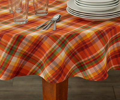 Orange Plaid Round Fabric Tablecloth, (60