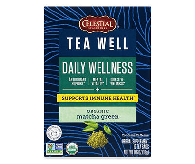 Celestial Seasonings Tea Well Organic Matcha Green Daily Wellness Herbal Supplement Tea Bags 12 ct Box