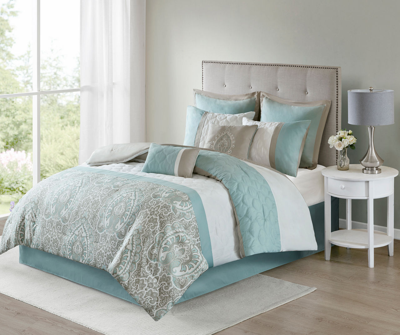 grey and teal bedding