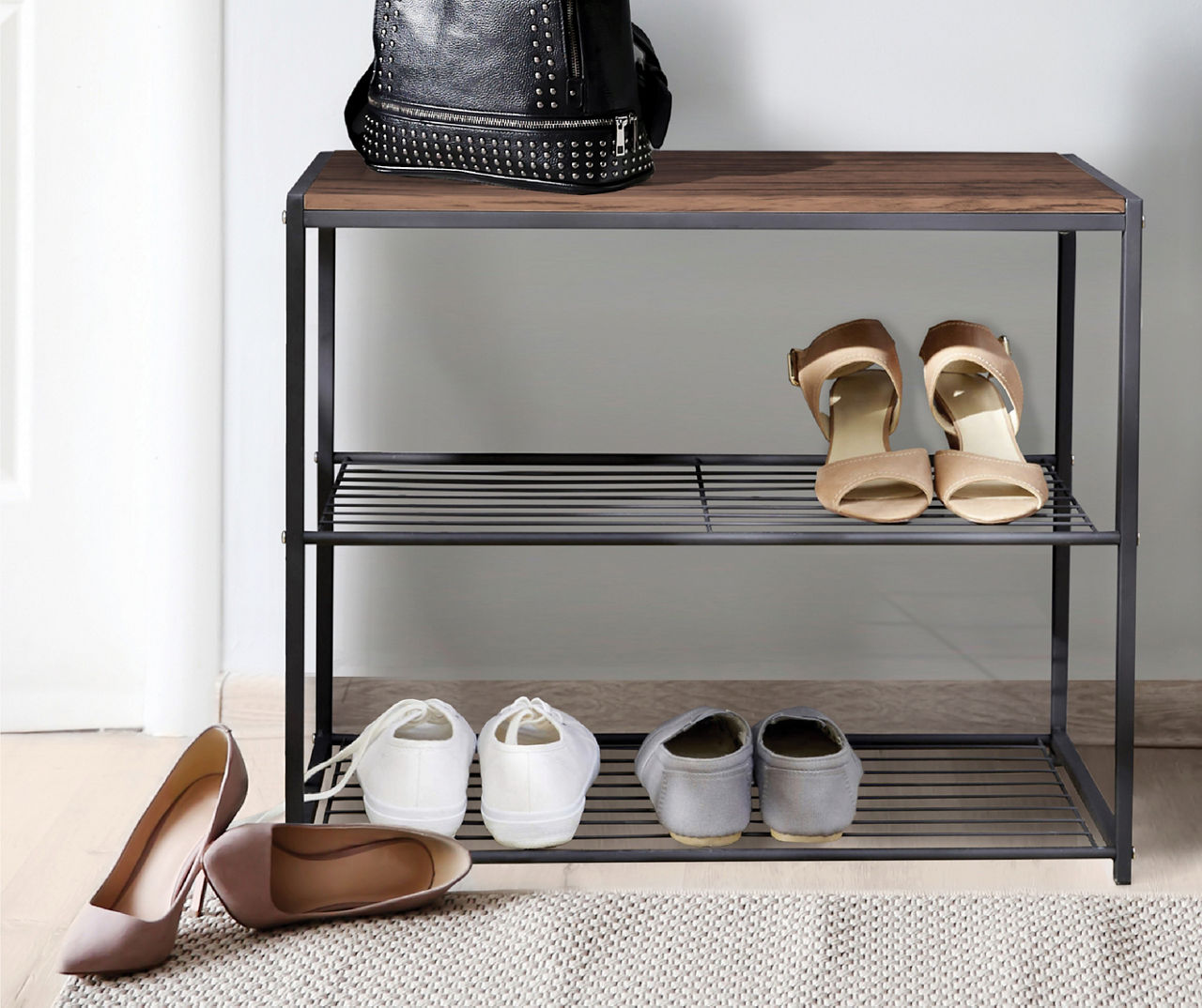 TRINITY | 3-Tier Shoe Bench w/ Wire Shelves | Dark Gray