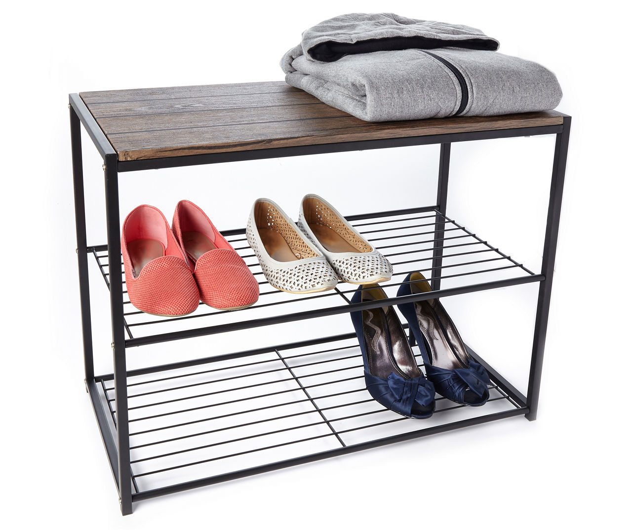 TRINITY | 3-Tier Shoe Bench w/ Wire Shelves | Dark Gray