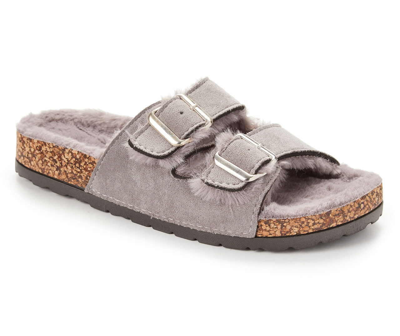 Women s X Large Gray Faux Fur Double Buckle Sandals Big Lots