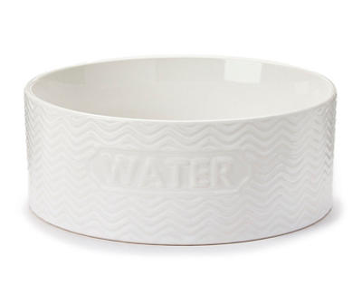 "Water" Large White Embossed Ceramic Pet Water Bowl