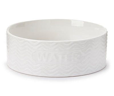 "Water" Small White Embossed Ceramic Pet Water Bowl
