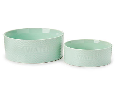 "Water" Large Mint Embossed Ceramic Pet Water Bowl