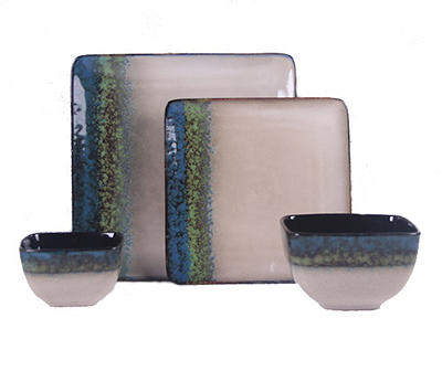 Green, Teal & Cream Square 16-Piece Stoneware Dinnerware Set