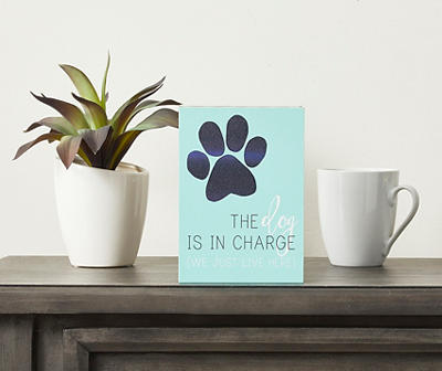 "The Dog Is In Charge" Turquoise & Black Paw Print Box Plaque