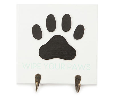 "Wipe Your Paws" White & Black 2-Hook Embossed Paw Plaque