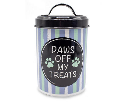 "Paws Off My Treats" Black, Blue & Mint Striped Pet Treat Canister