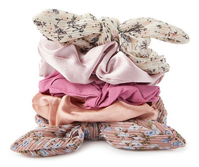 Pink Floral Bow 5-Piece Scrunchie Set