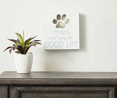 "Paws And Enjoy The Good Life" White, Gray & Blue Paw Box Plaque