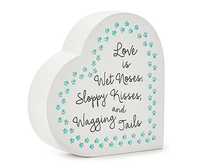 "Love Is" White & Blue Heart Shaped Paw Print Plaque