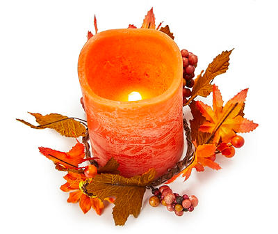 Orange LED Pillar Candle With Autumn Leaf Ring, (3" x 4")