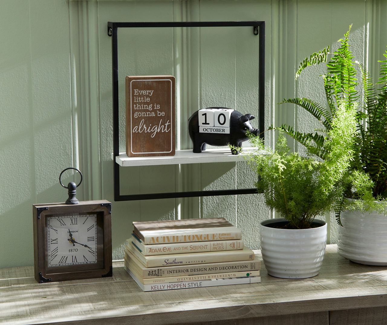 Black and white wood wall decor with shelf