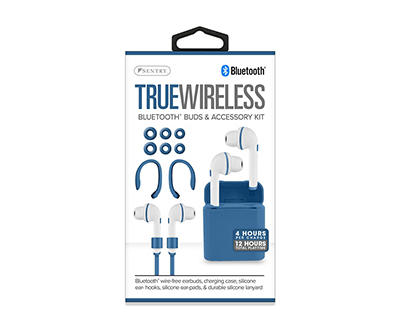 Blue & White True Wireless Bluetooth Buds with Accessories