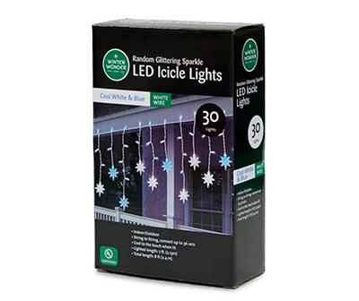Cool White & Blue Sparkling Star LED Icicle Light Set with White Wire, 30-Lights