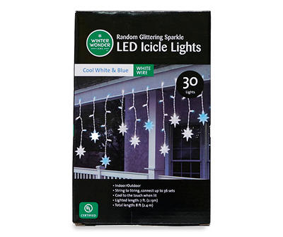 Cool White & Blue Sparkling Star LED Icicle Light Set with White Wire, 30-Lights
