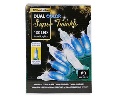 Super Twinkle Blue & Clear Dual Color LED Mini Light Set with Green Wire, 100-Lights