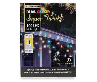 Super Twinkle Multi-Color & Clear Dual Color LED Icicle Light Set with White Wire, 100-Lights