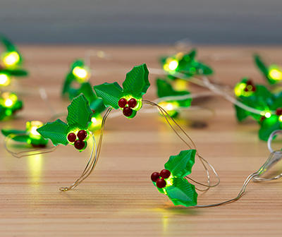 Warm White Holly Leaves LED Light Set with Clear Wire, 25-Lights