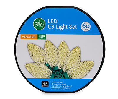 Warm White LED Diamond C9 Light Set With Green Wire, 60-Lights