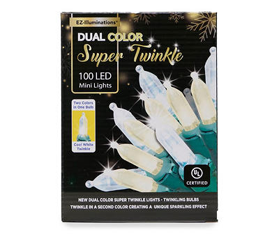 Super Twinkle Warm & Cool White Dual Color LED Mini Light Set with Green Wire, 100-Lights