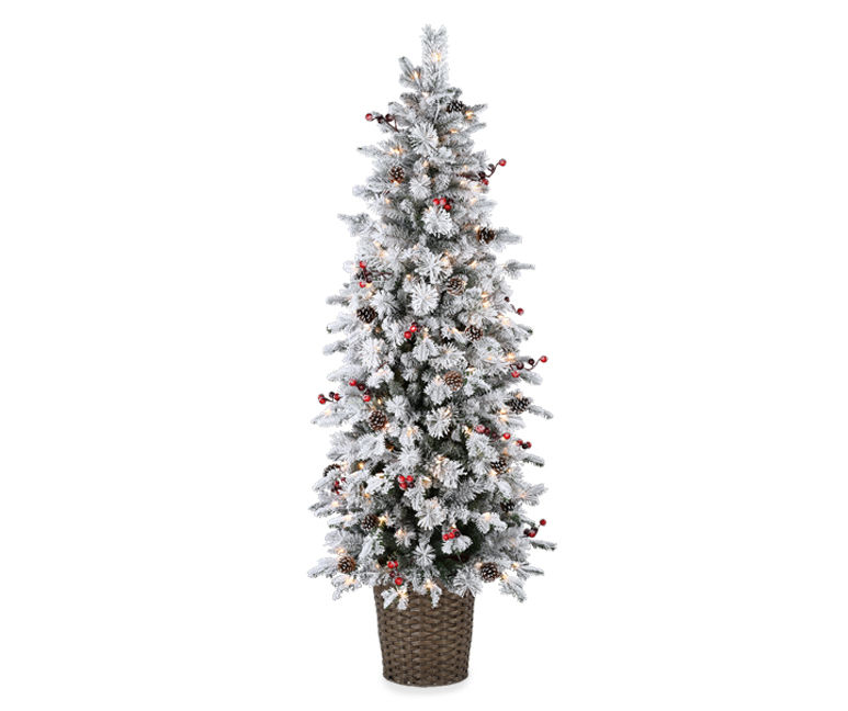 Snow Flocked Lighted Christmas Tree with Red Berry Branches 49.6 Tall