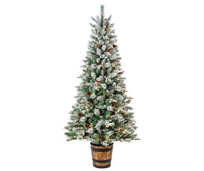7' Pinecone & Berry Flocked Pre-Lit LED Urn Tree with Warm White Lights