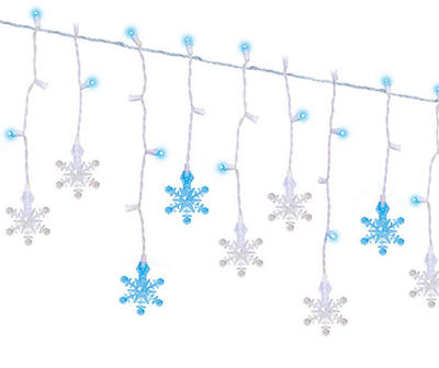 Cool White & Blue Glittering Sparkle Snowflake LED Icicle Light Set with White Wire, 30-Lights