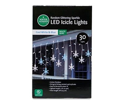 Cool White & Blue Glittering Sparkle Snowflake LED Icicle Light Set with White Wire, 30-Lights