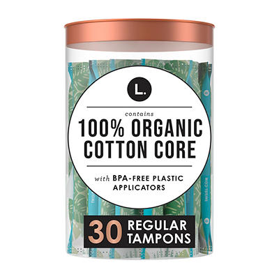 L. Organic Cotton Tampons Regular Absorbency, Free from Chlorine Bleaching, Pesticides, Fragrances, or Dyes, BPA-free Plastic Applicator, 30 Count