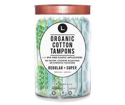 L. Organic Cotton Tampons Regular/Super Absorbency Duo Pack, Free from Chlorine Bleaching, Pesticides, Fragrances, or Dyes, BPA-free Plastic Applicator, 30 Count
