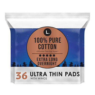 L. Ultra Thin Unscented Pads With Wings, Overnight Absorbency, 36 Ct, 100% Pure Cotton Chlorine Free Top Layer