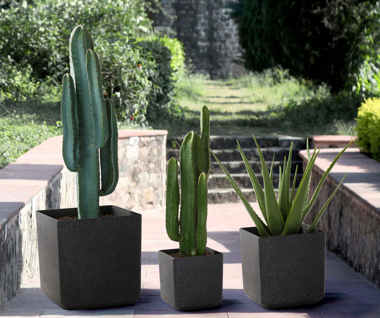 Black Square Column 3-Piece Plastic Planter Set