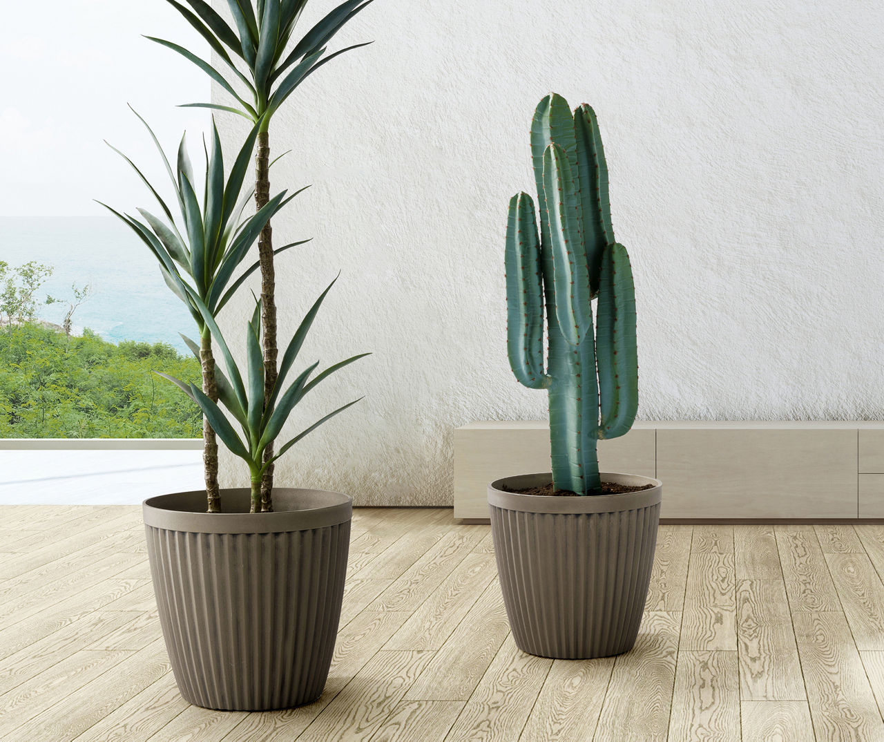 Stone Round Vertical Stripe 2-Piece Plastic Planter Set