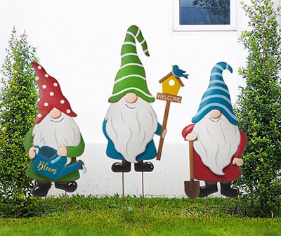 Metal Garden Gnome 3-Piece Yard Stake & Wall Decor Set