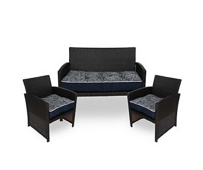 Navy Blue Banana Leaf Outdoor Wicker Chair & Settee Cushion Set