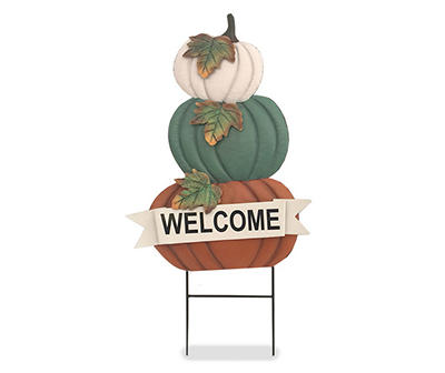 "Welcome" White, Green & Orange Pumpkin Yard Stake
