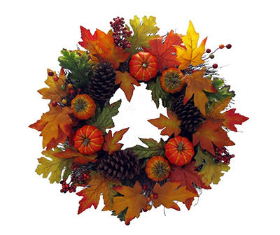 24" Pumpkin, Pinecone & Leaf Wreath