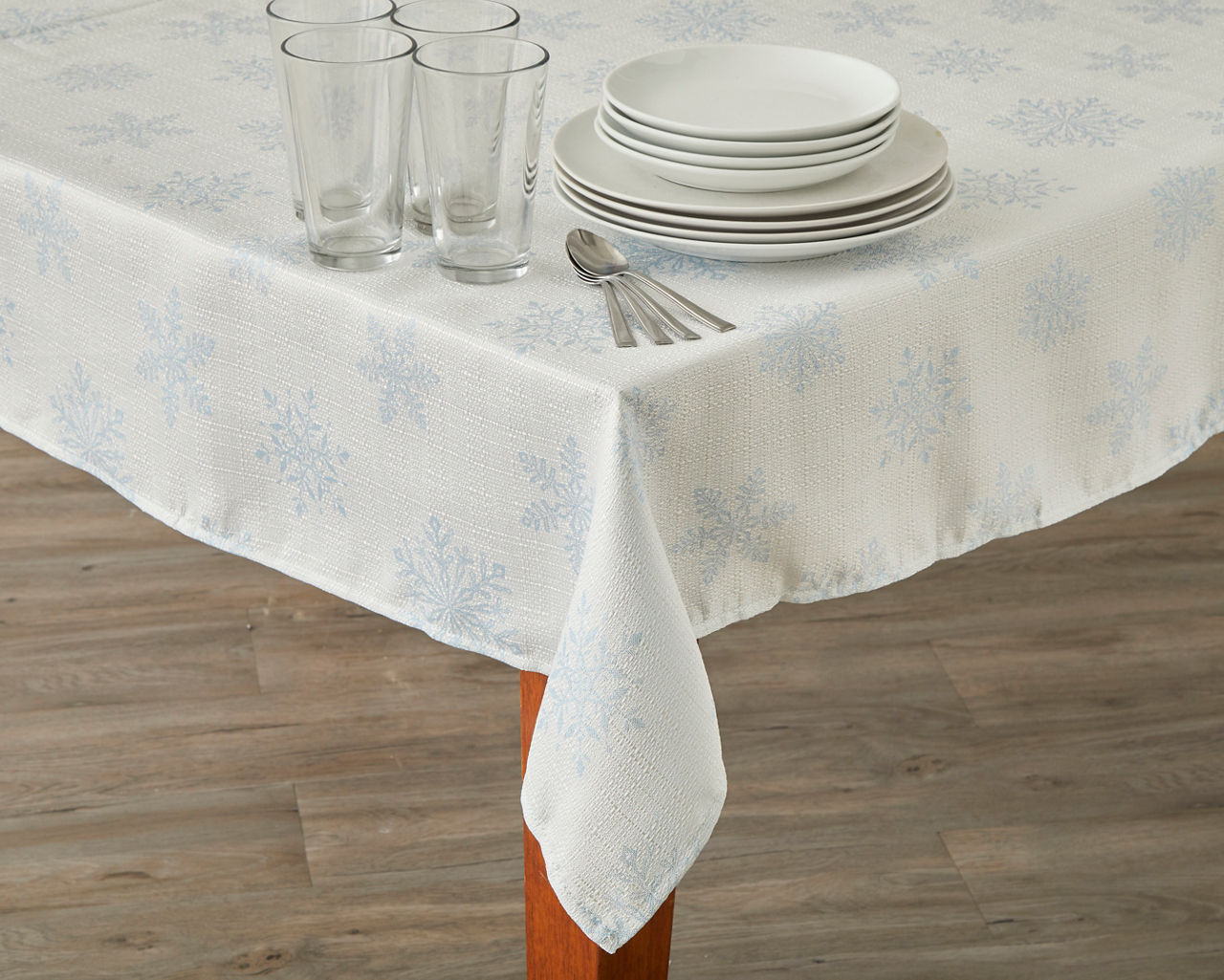 White & Blue Snowflake Print Fabric Tablecloth, (52" x 70")
