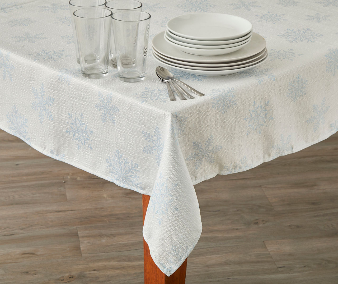 White & Blue Snowflake Print Fabric Tablecloth, (60" x 102")
