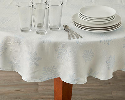 White & Blue Snowflake Print Fabric Tablecloth