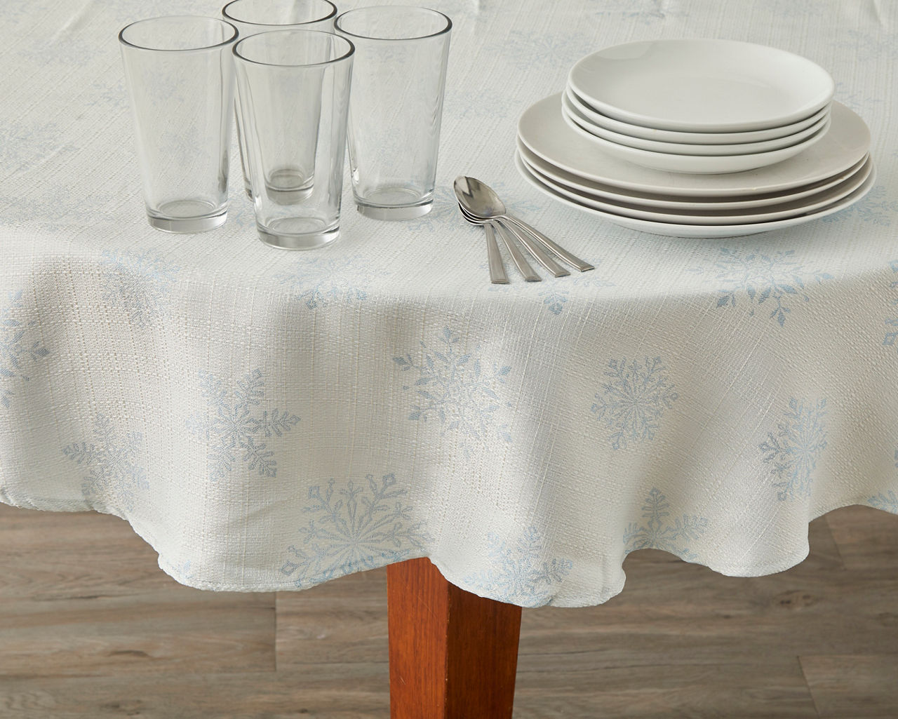 White & Blue Snowflake Print Round Fabric Tablecloth, (60")