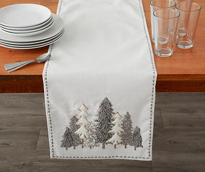 White & Light Brown Embroidered Evergreen Forest Table Runner