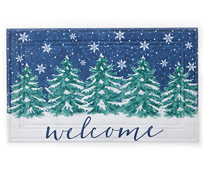 "Welcome" Blue, Green & White Snowy Forest Doormat