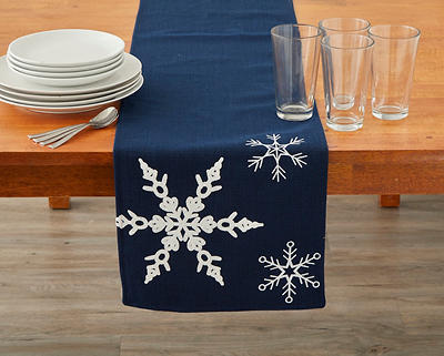 Blue Polyester Embroidered Snowflakes Table Runner With Tassels