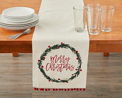"Merry Christmas" Cream, Green & Red Embroidered Wreath Table Runner