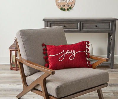 "Joy" Red & Cream Polyester Throw Pillow With Tassels