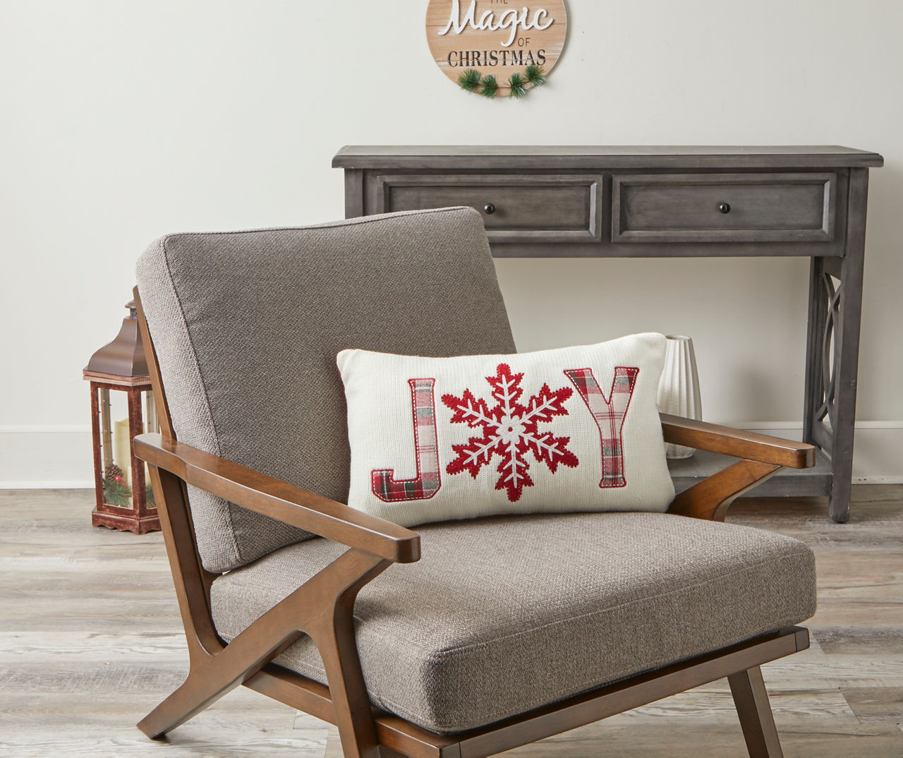 "Joy" White, Red & Green Plaid  Embroidered Snowflake Throw Pillow