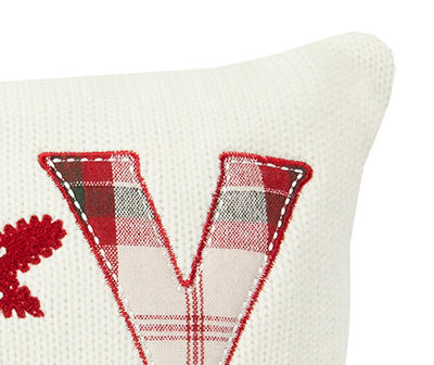 "Joy" White, Red & Green Plaid  Embroidered Snowflake Throw Pillow